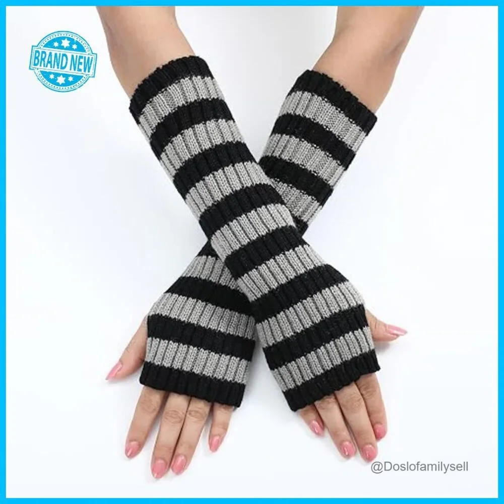 Striped Fingerless Knitted Arm Warmers Y2K Punk Grunge Alt Emo Scene Accessories